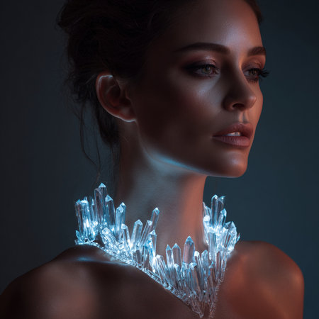 Portrait of a beautiful young woman with Christmas lights on her neck.の素材