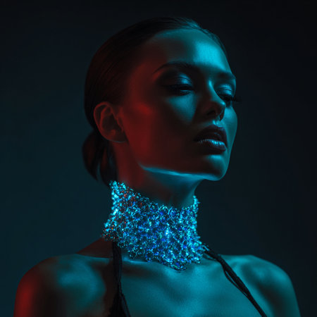 Portrait of a beautiful young woman with blue lights on her neck.の素材