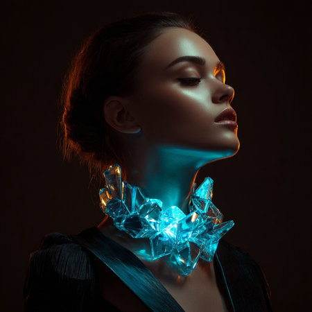 Fashion portrait of beautiful young woman with ice cube on black backgroundの素材