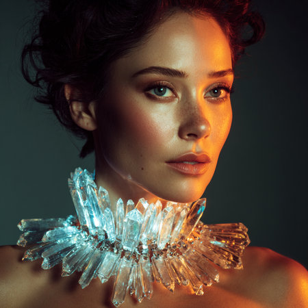 Portrait of a beautiful young woman with crystal necklace. Beauty, fashion.の素材