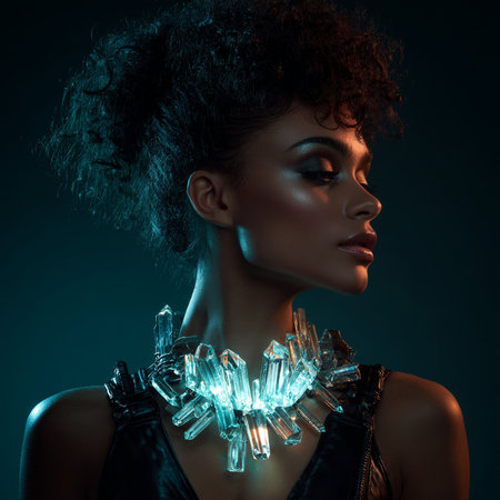 Fashion portrait of beautiful african american woman with crystal garlandの素材
