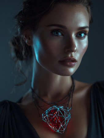 Portrait of a beautiful young woman with crystal necklace on dark background.の素材