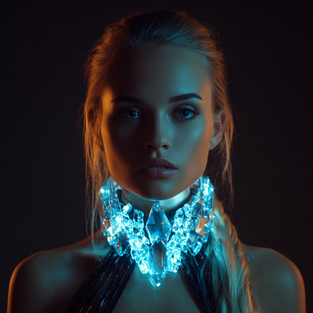 Fashion portrait of beautiful girl with crystal in her hand on dark backgroundの素材