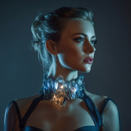 Fashion portrait of beautiful young woman with crystal garland on her neckの素材