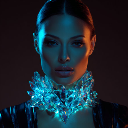 Portrait of a beautiful woman with blue lights on her face.の素材