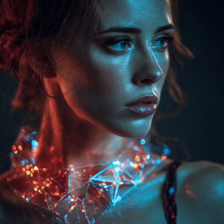 Portrait of a beautiful young woman with Christmas lights in her hair.の素材