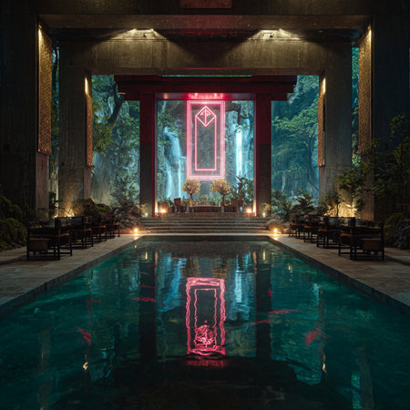 Luxury hotel interior with swimming pool at night. 3D renderingの素材