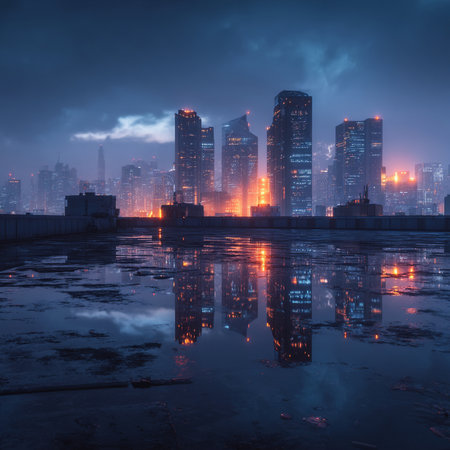 Night cityscape with skyscrapers and reflection in the water.の素材
