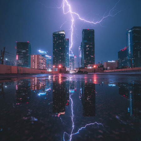 Night view of the city with lightning and reflection in the water.の素材