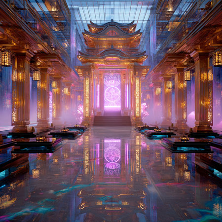 3D rendering of a fantasy temple interior with a lot of lightsの素材