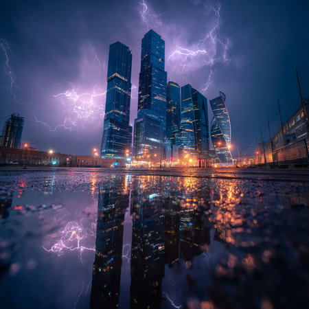 Night view of skyscrapers in the financial district of Moscow.の素材