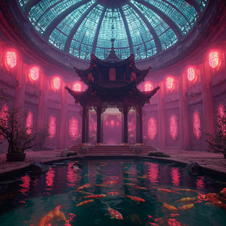 Chinese temple with goldfish in the water. 3D rendering.の素材