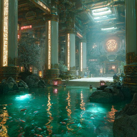 Chinese temple in the evening with reflection in water, Beijing, Chinaの素材