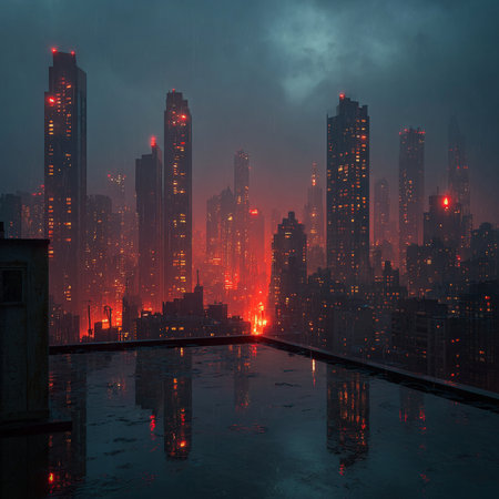 Foggy cityscape at night, 3d render illustration.の素材