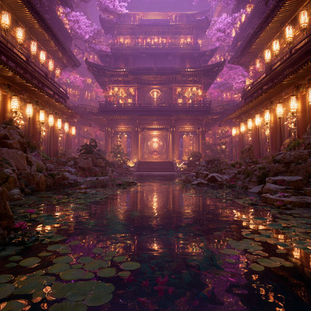 Chinese temple at night with reflection in the water, Beijing, Chinaの素材