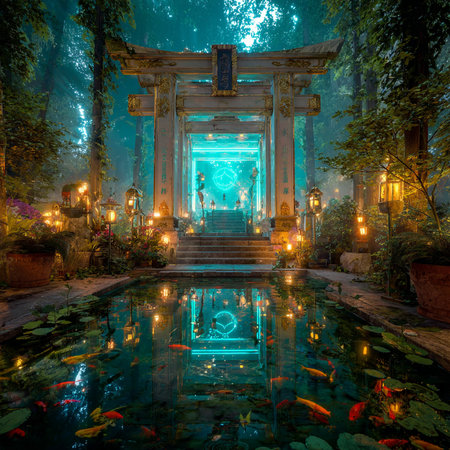 Mystical temple in the forest at night with lighted candlesの素材
