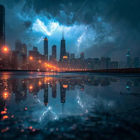 Shanghai skyline at night with lightning and reflection on the waterの素材
