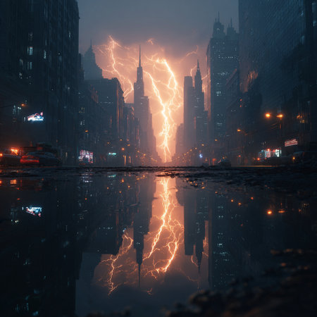 Lightning strikes the streets of New York City, USA. 3D renderingの素材