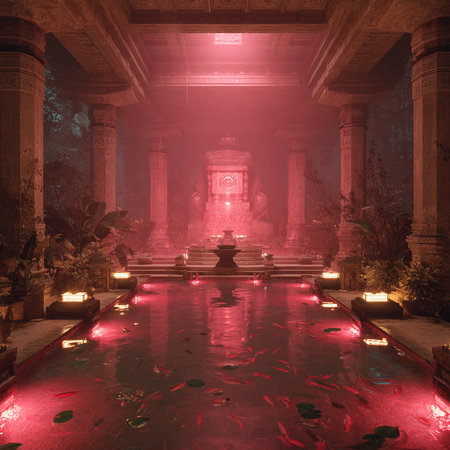 Fantasy scene of an ancient temple with a fountain in the middle.の素材