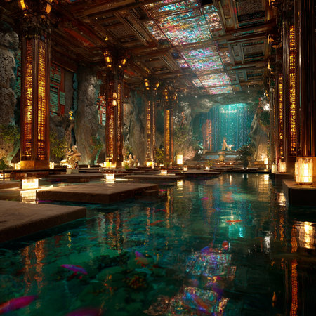 Beautiful temple with reflection in the water at night, Thailand.の素材
