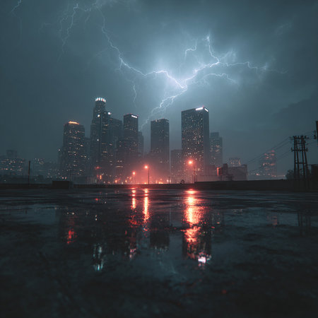 Lightning strike over the city at night. 3D rendering.の素材