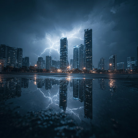 Night cityscape with lightning and reflection in the water. 3D renderingの素材