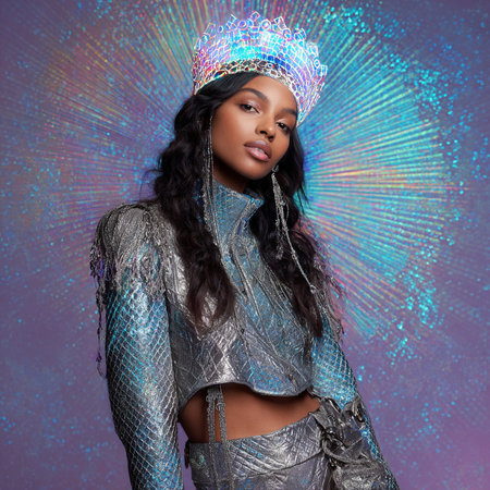 Beautiful african american woman in silver costume and crown.の素材