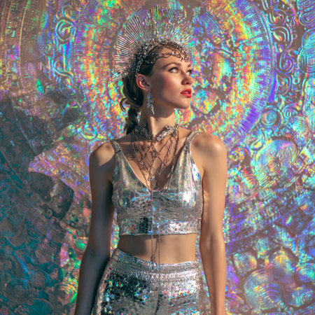 Beautiful young woman in a silver shiny dress and a crown on her head on a colorful background.の素材