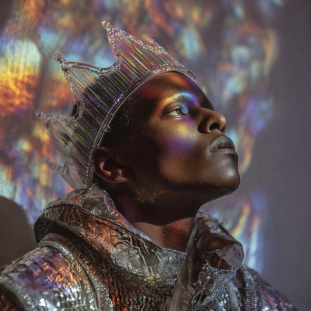 Portrait of a beautiful African American man in silver armor.の素材