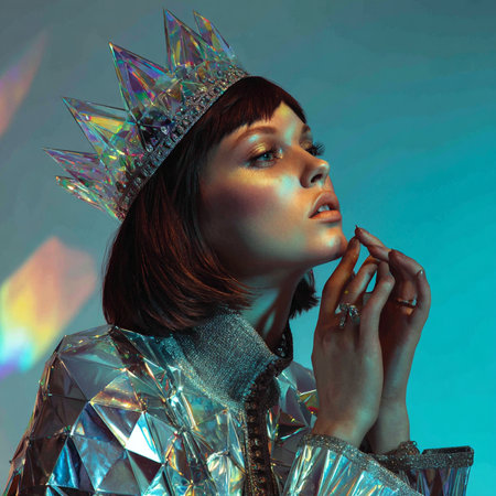 Portrait of a beautiful girl in a silver crown on a blue backgroundの素材