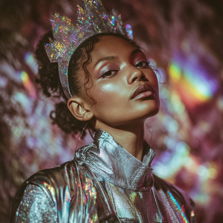 Portrait of a beautiful African American woman in silver costume. Fashion and beauty.の素材