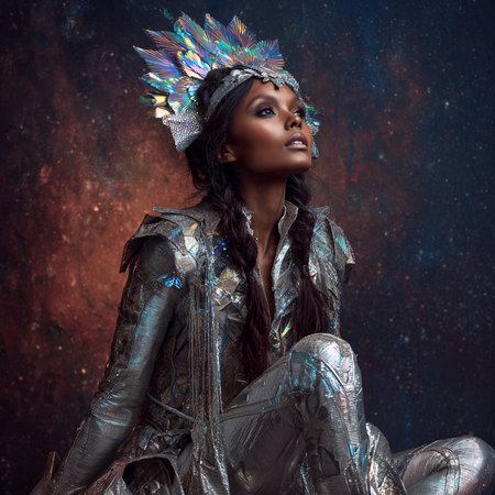 Fashion shot of a beautiful african american woman in silver costume.の素材