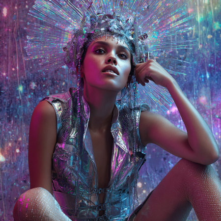 Beautiful girl with bright make-up and carnival mask.の素材