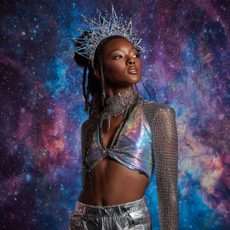 Beautiful african american woman in a silver crown against cosmic backgroundの素材