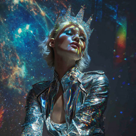 Beautiful young woman in a silver suit with a crown on her headの素材