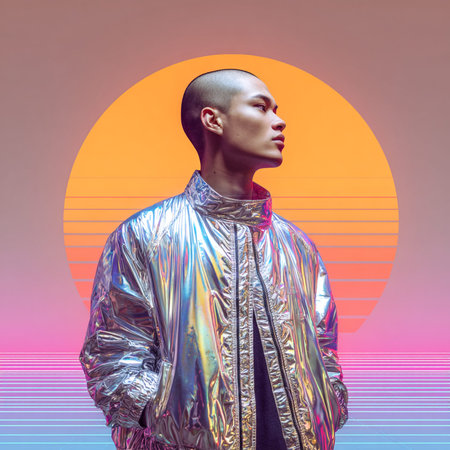 Fashion portrait of a man in a silver jacket on a colorful background.の素材