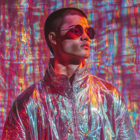 Handsome young man in a shiny jacket and sunglasses. Studio shot.の素材