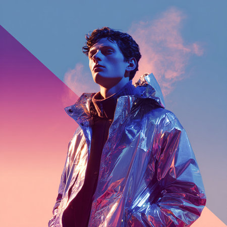 Fashionable young man in a blue jacket posing at studio.の素材