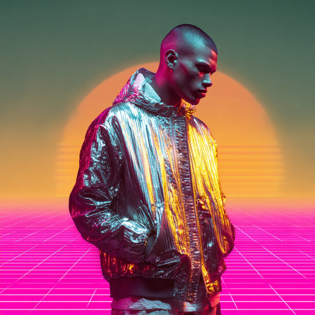 Futuristic african american man in shiny silver jacket.の素材