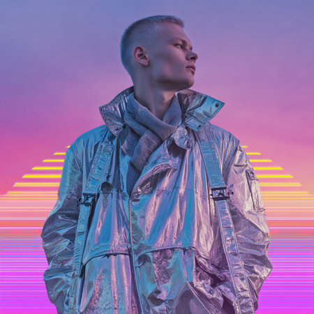 young man in silver jacket looking away while standing on neon background with stripesの素材