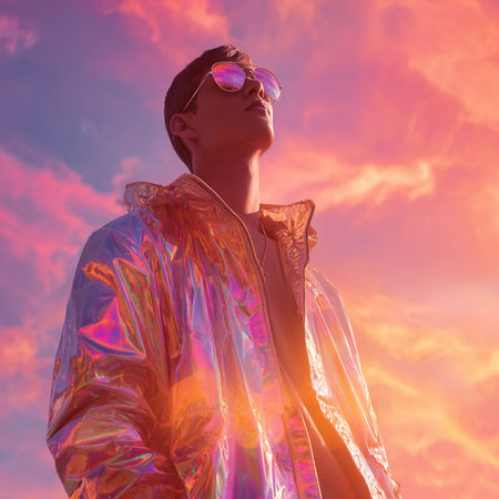 Handsome young man in golden raincoat and sunglasses at sunsetの素材