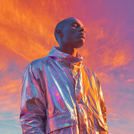 Futuristic african american man in shiny jacket at sunsetの素材