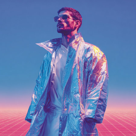 Handsome man in raincoat and sunglasses posing over futuristic background.の素材