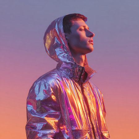 Young man in a silver raincoat on the background of the sunset.の素材