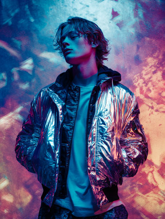 Portrait of a handsome young man in a fashionable jacket. Studio shot.の素材