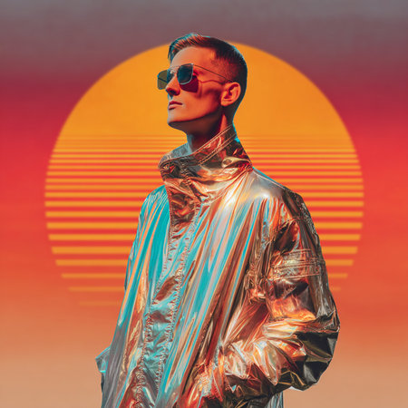 Fashion shot of a handsome man in silver costume and sunglasses.の素材