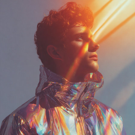 Portrait of a man in a raincoat with a rainbow on his faceの素材