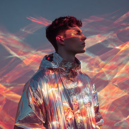 Portrait of a handsome young man in a shiny silver raincoat.の素材