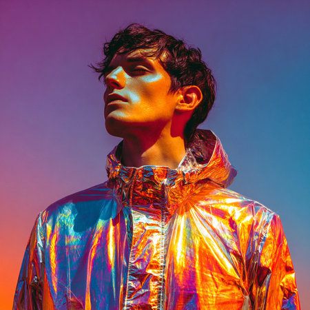 Portrait of a young man in a shiny metal raincoat.の素材