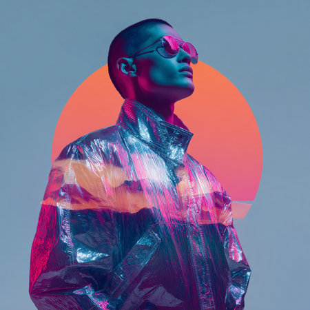 Fashion shot of a handsome man in a colorful jacket and sunglasses.の素材